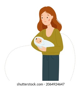 Depresión posparto. Una mujer está llorando y sosteniendo a un bebé llorando. Crisis de maternidad. Ilustración plana vectorial.