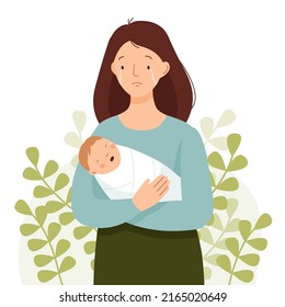 Postpartum depression. A woman is crying and holding a crying baby. Maternity crisis. Vector flat illustration.