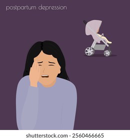 Postpartum depression. woman crying. Young mother needs psychological help. Mood disorder. Vector illustration