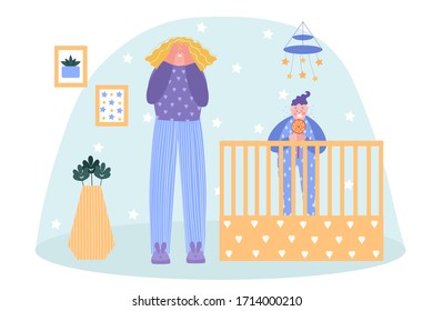 
Postpartum depression. A woman does not know what to do with a crying child. Vector illustration