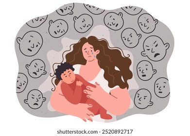 Postpartum depression in woman, given birth to child and feels judged by others. Postpartum depression and stress in mother needs help raising baby due to difficult life situation.