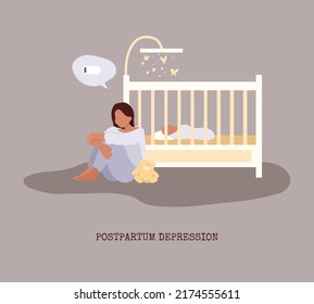 Postpartum Depression. Woman Without Energy, With Empty Battery Sitting Near Crib With Sleeping Baby. Mental Heath Support Concept. 