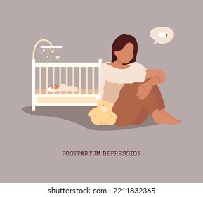 Postpartum Depression. Woman Without Energy, With Empty Battery Sitting Near Crib With Sleeping Baby. Mental Heath Support Concept. 