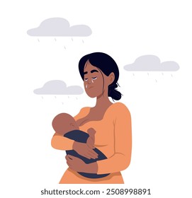 Depresión posparto. Una joven madre sostiene a un niño en brazos y llora. Ilustración vectorial en estilo plano