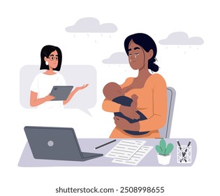 Postpartum depression. Young mother talking to psychologist on the screen. Specialist talking, counseling, helping patient online. Vector illustration in flat style