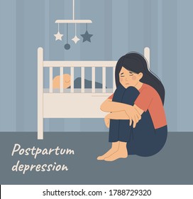 Postpartum Postnatal Depression PPD. The Young Mother Is On The Floor Cry And Hugs Her Knees. Tired Sad Woman Sits Near The Cradle With A Newborn Baby. Flat Vector Illustration On A Blue Background.