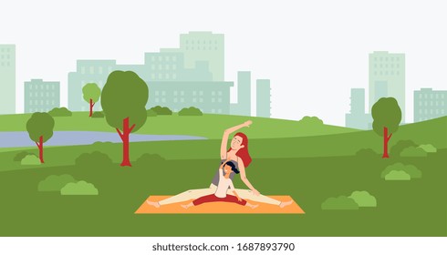 Postpartum or postnatal yoga banner with woman and baby cartoon characters on city park background, flat vector illustration. Fitness for women after child birth.