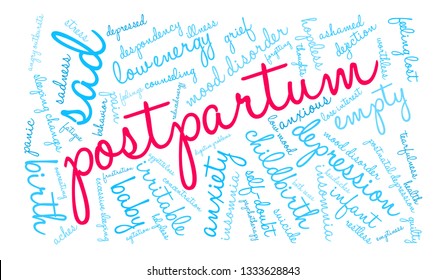 Postpartum word cloud on a white background. 