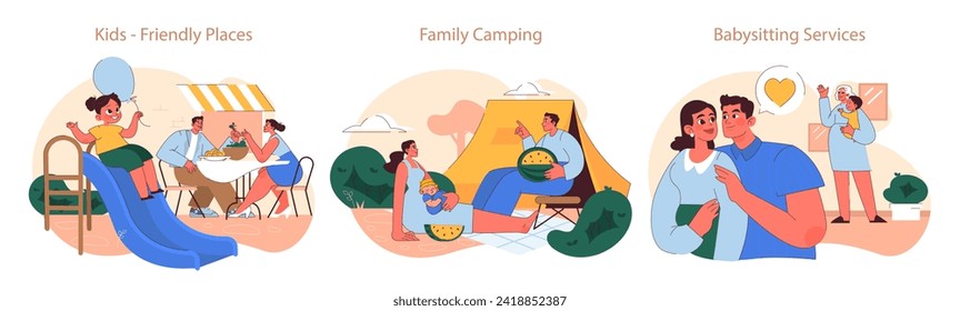 Post-Pregnancy Activities set. Families enjoying kid-friendly dining, camping adventures, and reliable babysitting services. Embracing new routines.