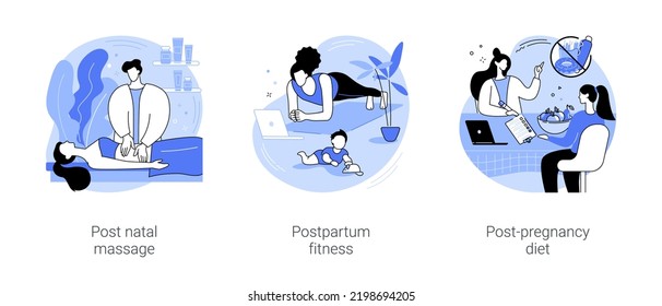 Post-pregnancy service isolated cartoon vector illustrations set. Post-natal massage, recovery after giving birth, postpartum fitness, young mother exercising, nutrition consultant vector cartoon.