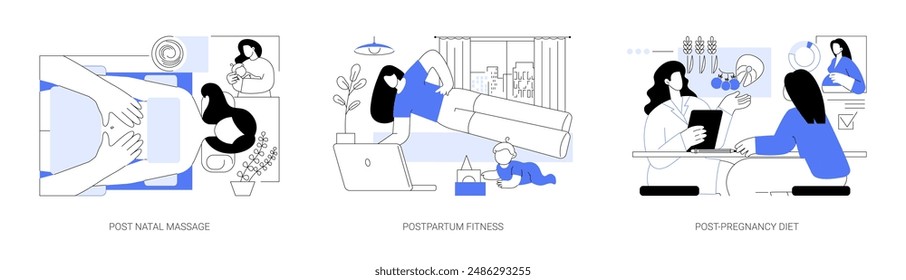 Post-pregnancy service isolated cartoon vector illustrations set. Post-natal massage, recovery after giving birth, postpartum fitness, young mother exercising, nutrition consultant vector cartoon.