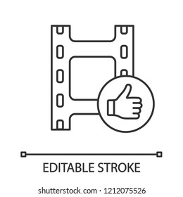 Post-production linear icon. Final edited film. Approved movie. Thin line illustration. Final cut. Movie review. Filmstrim with thumbs up. Contour vector isolated outline drawing. Editable stroke