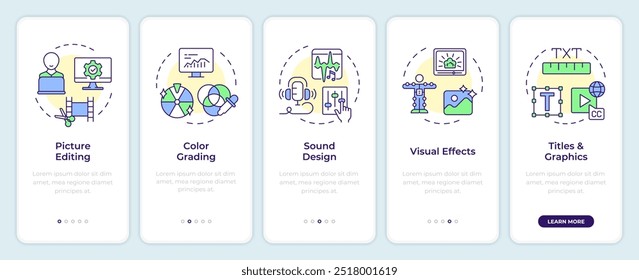 Post-production phase onboarding mobile app screen. Walkthrough 5 steps editable graphic instructions with linear concepts. UI, UX, GUI template