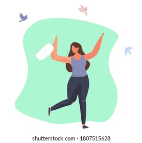 Post-Quarantine.Girl running Without Mask.Stay Home During Coronavirus Pandemic.Free from Virus.Flat Vector Illustration