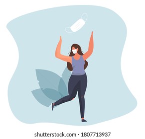 Post-Quarantine.Girl running Without Mask.Stay Home During Coronavirus Pandemic.Free from Virus.Flat Vector Illustration