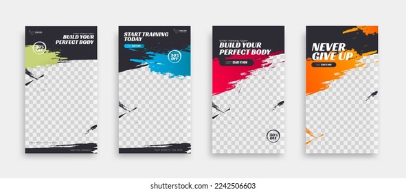 posts on social media vector illustration. Stylish graphics templates posts. dynamic abstractions typography photo. modern art paint and brush stains, fitness subjects gym. design frame post Template