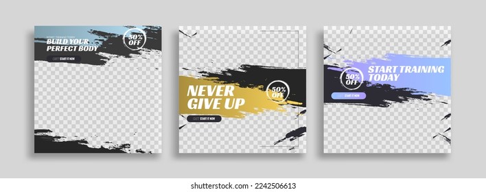 posts on social media vector illustration. Stylish graphics templates posts. dynamic abstractions typography photo. modern art paint and brush stains, fitness subjects gym. design frame post Template