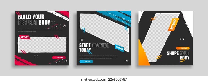 posts on social media vector illustration. Stylish graphics templates posts. dynamic abstractions typography photo. modern art paint and brush stains, fitness subjects gym. design frame post Template