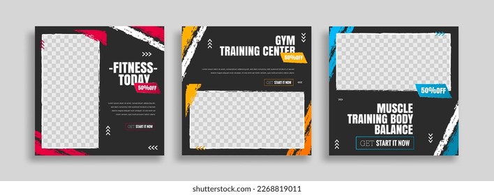 posts on social media vector illustration. Stylish graphics templates posts. dynamic abstractions typography photo. modern art paint and brush stains, fitness subjects gym. design frame post Template