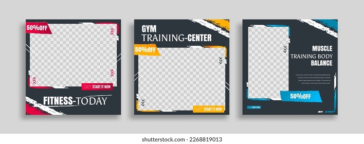 posts on social media vector illustration. Stylish graphics templates posts. dynamic abstractions typography photo. modern art paint and brush stains, fitness subjects gym. design frame post Template