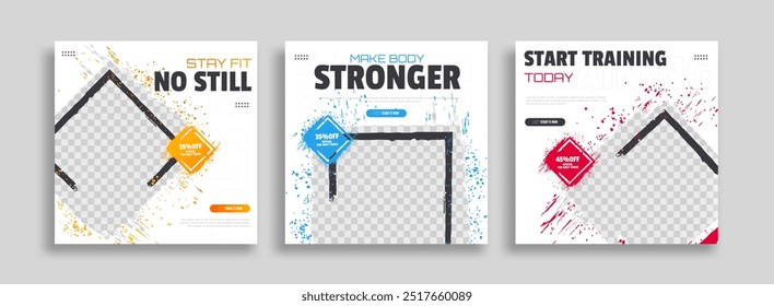 posts on social media vector illustration. Stylish graphics templates posts. dynamic abstractions typography photo. modern art paint and brush stains, fitness subjects gym. design frame post Template