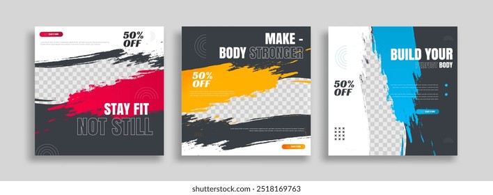 posts on social media vector illustration. Stylish graphics templates posts. dynamic abstractions typography photo. modern art paint and brush stains, fitness subjects gym. design frame post Template