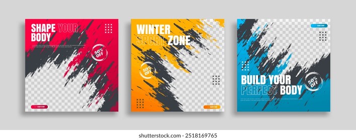 posts on social media vector illustration. Stylish graphics templates posts. dynamic abstractions typography photo. modern art paint and brush stains, fitness subjects gym. design frame post Template