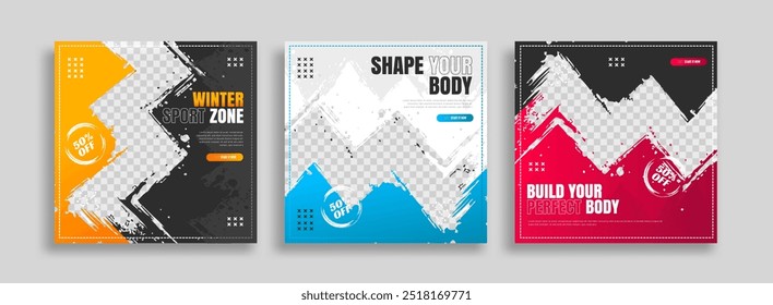 Beiträge in sozialen Medien, Vektorgrafik. Stilvolle Beiträge zu Grafikvorlagen. dynamische Abstraktionen Typografie Foto. moderne Kunst Farbe und Pinsel Flecken, Fitness-Themen Fitness-Studio. Vorlage für Gestaltungsrahmen
