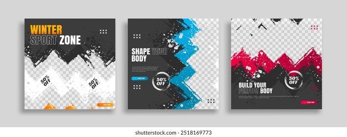 posts on social media vector illustration. Stylish graphics templates posts. dynamic abstractions typography photo. modern art paint and brush stains, fitness subjects gym. design frame post Template