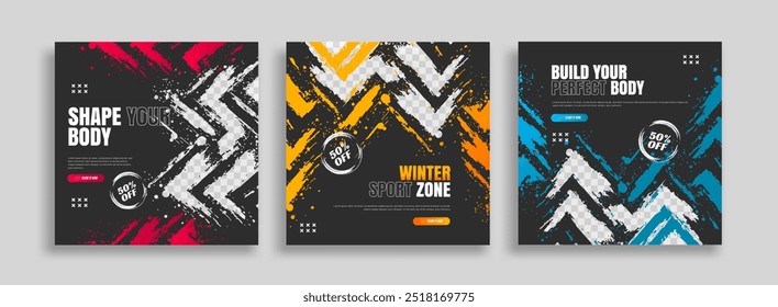 posts on social media vector illustration. Stylish graphics templates posts. dynamic abstractions typography photo. modern art paint and brush stains, fitness subjects gym. design frame post Template