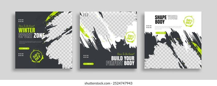 posts on social media vector illustration. Stylish graphics templates posts. dynamic abstractions typography photo. modern art paint and brush stains, fitness subjects gym. design frame post Template