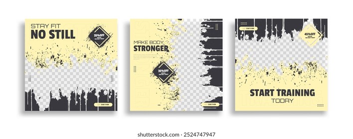 posts on social media vector illustration. Stylish graphics templates posts. dynamic abstractions typography photo. modern art paint and brush stains, fitness subjects gym. design frame post Template