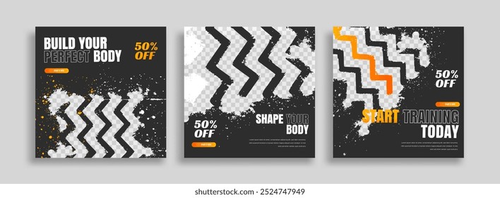 posts on social media vector illustration. Stylish graphics templates posts. dynamic abstractions typography photo. modern art paint and brush stains, fitness subjects gym. design frame post Template