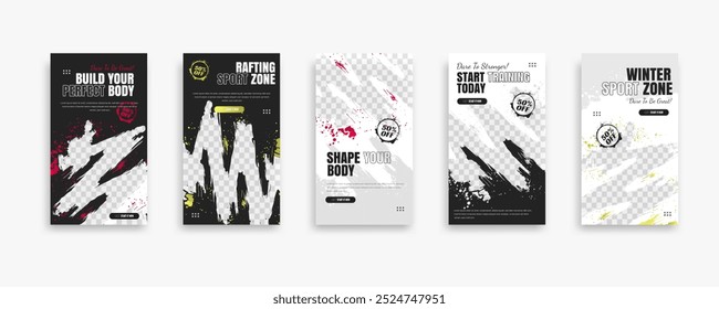 posts on social media vector illustration. Stylish graphics templates posts. dynamic abstractions typography photo. modern art paint and brush stains, fitness subjects gym. design frame post Template