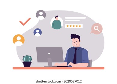 Employeе posts resume to find job. Man search work through website. Posting summary in computer web page. Recruitment staff and cv resume concept. Business people search workers. Vector illustration