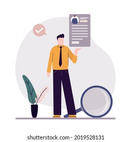 Employeе posts resume to find job. Searching work. Male worker holding and posting summary with rating. Recruitment staff and cv resume concept. Business people search worker. Flat vector illustration