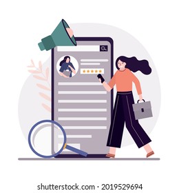 Employeе posts resume to find job. Searching work through website. Posting summary in mobile application. Recruitment staff and cv resume concept. Business people search workers. Vector illustration