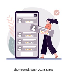 Employeе posts resume to find job. Searching work through phone app. Posting summary in mobile application. Recruitment staff and cv resume concept. Business people search workers. Vector illustration