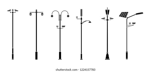 Posts with security cameras. Video surveillance CCTV camera. Territory monitoring devices. Flat style. Vector illustration.