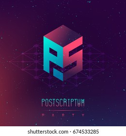 Postscriptum night party - Electronic music fest and electro space poster. Abstract gradients music background. Club party invitation flyer with letters PS