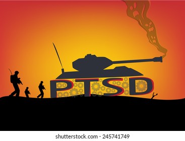 Posttramautic Stress Disorder Concept. Soldiers walk with War Tank built with PTSD letters as its wheels and skulls as smoke.