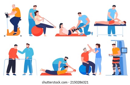 Post-traumatic rehabilitation of people. Doctors who treat patients after surgery. Vector illustration on a white background