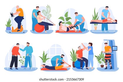 Post-traumatic rehabilitation of people. Doctors who treat patients after surgery. Vector illustration on a white background