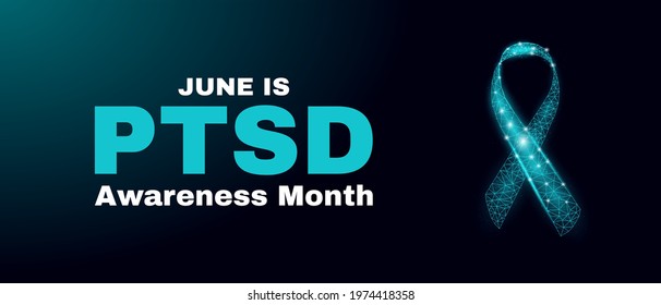 Post-Traumatic Stress Disorder Awareness Month concept. PTSD banner template with glowing low poly. Futuristic modern abstract. Isolated on dark background. Vector illustration.