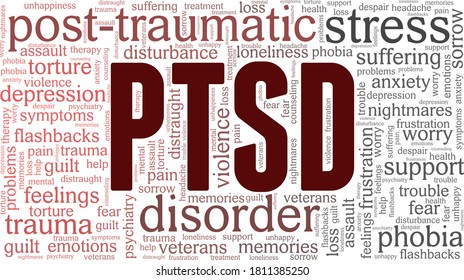 白い背景に心的外傷後ストレス障害 – PTSDベクターイラストワードクラウド。