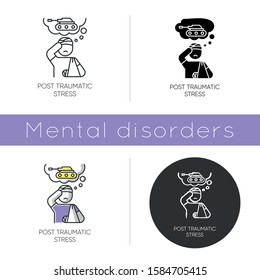 Post-traumatic stress icon. Veteran with anxiety. Depressed soldier. Distress thoughts of war. PTSD psychotherapy. Mental disorder. Flat design, linear and color styles. Isolated vector illustrations