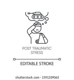 Post-traumatic Stress Linear Icon. Veteran With Anxiety. Depressed Soldier. PTSD Therapy. Mental Disorder. Thin Line Illustration. Contour Symbol. Vector Isolated Outline Drawing. Editable Stroke