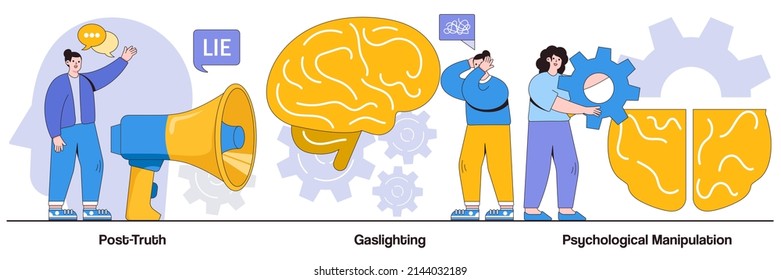 Post-truth, gaslighting, psychological manipulation concepts with people characters. Social engineering abstract vector illustration pack. Emotional blackmailing, mental abuse, missing out metaphor.
