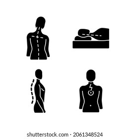 Postural dysfunction black glyph icons set on white space. Head tilt. Incorrect sleeping position. Normal spinal anatomy. Chest pain. Muscle weakness. Silhouette symbols. Vector isolated illustration