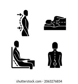 Postural dysfunction black glyph icons set on white space. Lumbar lordosis. Side-lying sleeping position. Incorrect sitting angle. Muscle spasms. Silhouette symbols. Vector isolated illustration